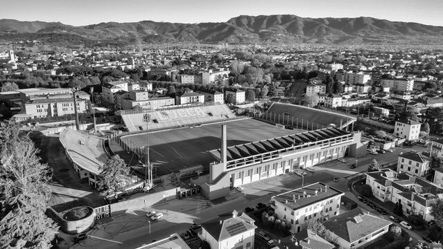 Aerial view of Porta Elisa Soccer Stadium in Lucca, Tuscany - Italy