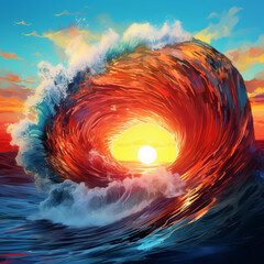 Stunning ocean wave capturing the glowing sunset through its hollow curl.  
