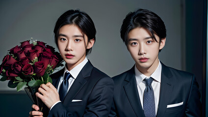 Portfolio of a beautiful smiling handsome Asian man in a suit and tie holding a bouquet of red roses