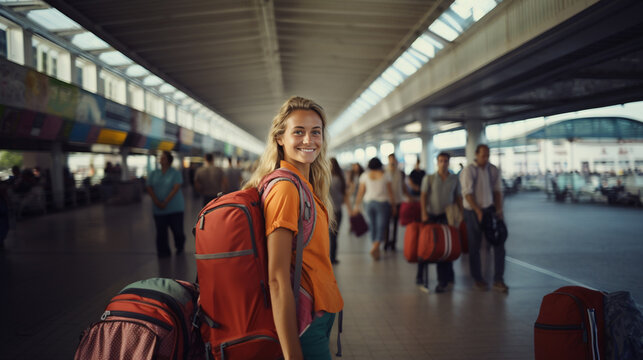 young adult woman, caucasian, travel and trip and vacations, luggage and backpack, train or bus station, everyday life or backpacker, journey, happy smiling, 20s, fictional location