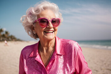 A high self-confident old woman. Happy senior woman in colorful pink outfit, cool sunglasses, laughing and having fun on the beach