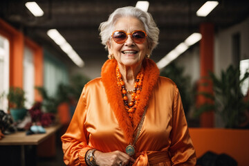 A high self-confident old woman. Laughing happily in a bright orange outfit Wearing cool sunglasses in her store