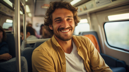 adult caucasian man, 30s, in a bus with other passengers, happy smiling, excited and nervous, smiling, everyday life, commuter or travel, fictional location - obrazy, fototapety, plakaty