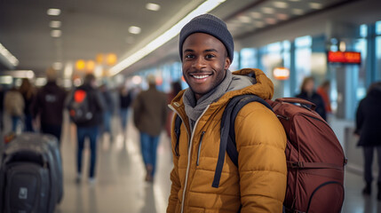 adult man, 30s, backpacker with backpack at a airport, happy nervous and excited, flight departure or arrival, fictional location, luggage and people in the terminal