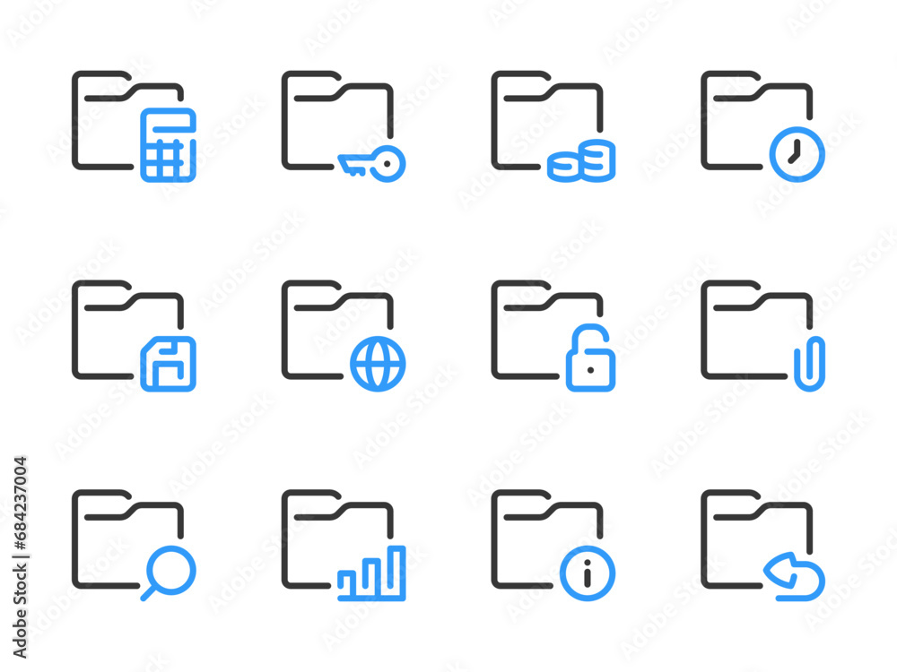 Poster folder configurations and data directory vector line icons. archive of files and documents outline i