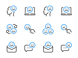 Testimonials and Emoticon vector line icons. Feedback and Emotions outline icon set.