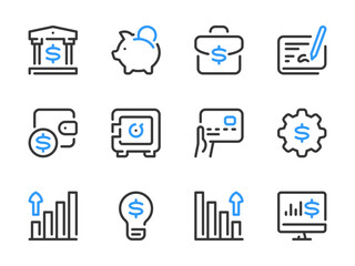Money, Dollar and Finance vector line icons. Banking and Financial services outline icon set. Strongbox, Wallet, Financial idea, Piggy bank, Checkbook, Financial portfolio, and more.