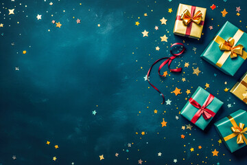Naklejka premium Holiday background with gift boxes, confetti and bokeh