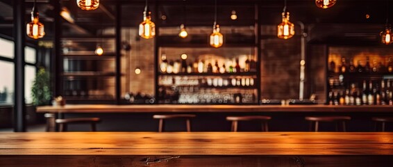Fototapeta na wymiar Elegant interior ambiance. Vintage inspired blurred background featuring dimly lit dining space with empty wooden table cozy chairs and subtle bokeh lights ideal for cafe and restaurant concepts