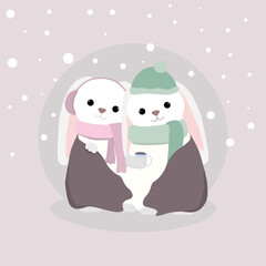 Christmas vector winter illustration of a couple of bunnies covered with a blanket