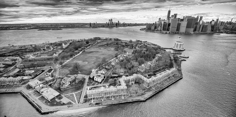 Ellis Island aerial view from helicopter in winter season, New York City - USA