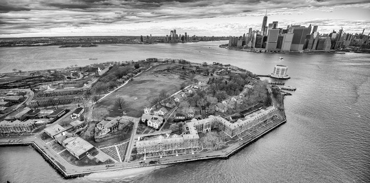 Ellis Island aerial view from helicopter in winter season, New York City - USA