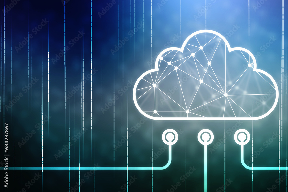 Poster 2d illustration of cloud computing, digital cloud computing concept background. cyber technology, in