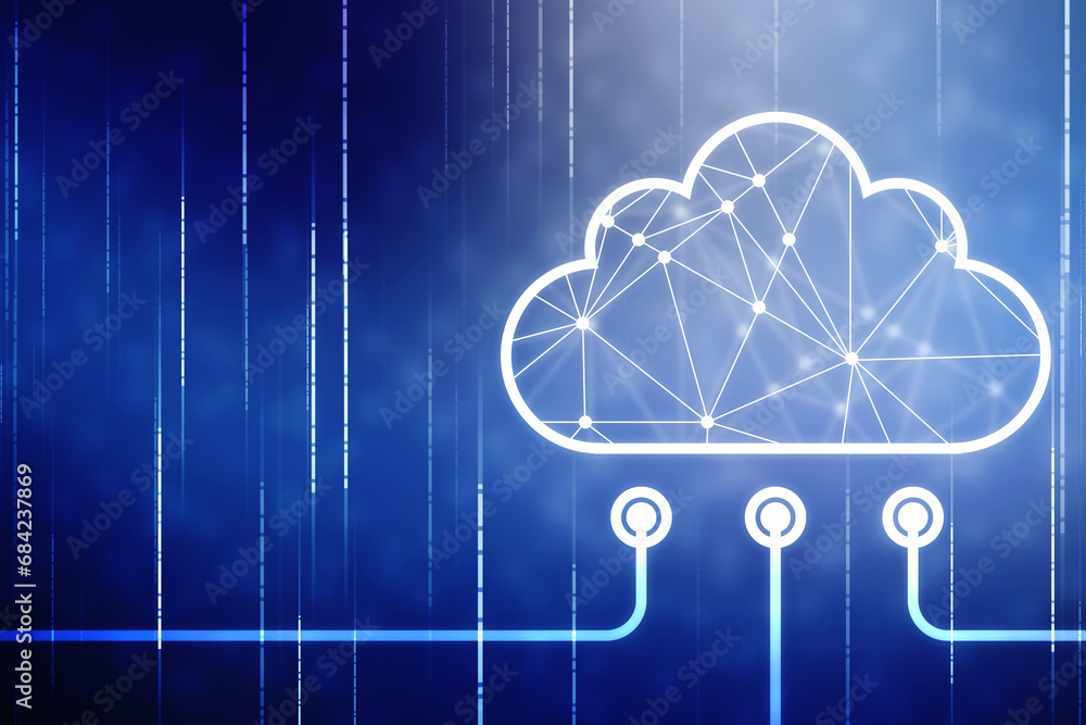 Poster 2d illustration of cloud computing, digital cloud computing concept background. cyber technology, in