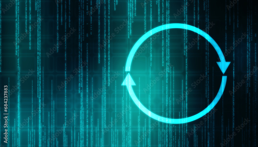 Poster update icon with binary codes on technology abstract background, update system upgrade software vers