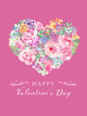 Fototapeta na wymiar 水彩で描いたピンクのバラと草花でできたハートの形のバレンタイン用イラスト