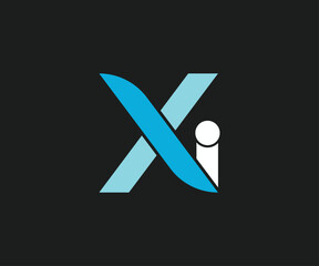 xi letter logo, cyan, blue, white and black background.