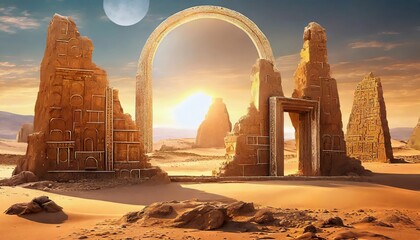 Surreal desert with ancient ruins landscape - obrazy, fototapety, plakaty