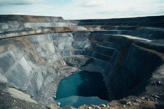 Old open pit mine with water. Green lake in flooded open pit mine. Aerial top view. Generative AI