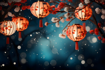 Background of bright traditional chinese lanterns - obrazy, fototapety, plakaty