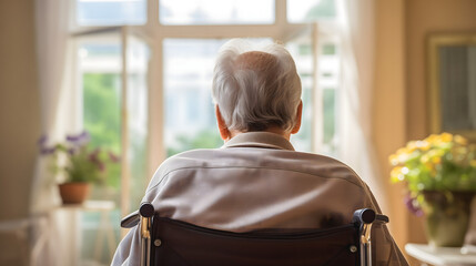 Une personne âgée de dos en fauteuil roulant à l'ehpad. - obrazy, fototapety, plakaty