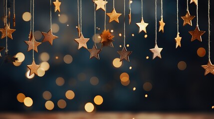 Christmas star shaped light background. Beautiful bokeh. Festive light. Abstract background of Christmas light with bokeh. Cool and Blue light.
