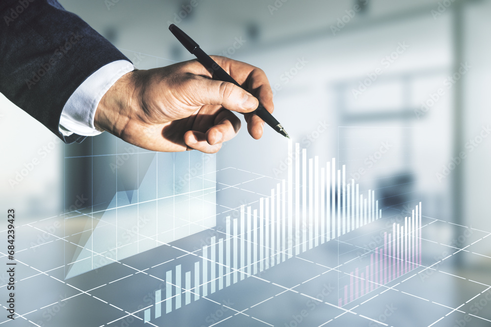 Poster multi exposure of man hand with pen working with abstract virtual financial graph on blurred office 