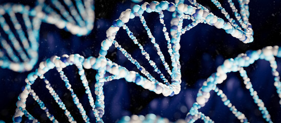 3D Rendering of DNA Double Helix Structures in Blue and White. 3D render.