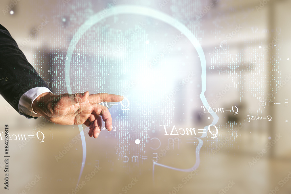 Poster man hand clicks on abstract virtual artificial intelligence concept with human head sketch on blurre