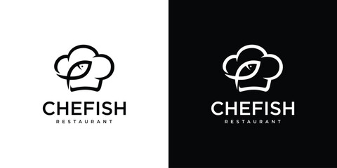 Chefish Logo Design. Chef Hat and Fish Combination Concept Lineart Outline Style. Restaurant Logo Icon Symbol Vector Illustration. - obrazy, fototapety, plakaty