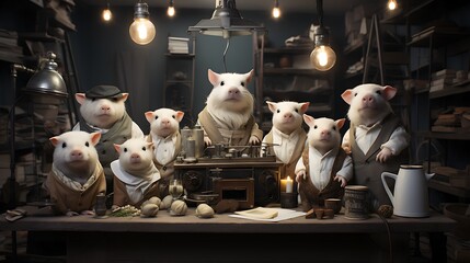 Adorable Pigs Dressed as Chefs in Rustic Kitchen
