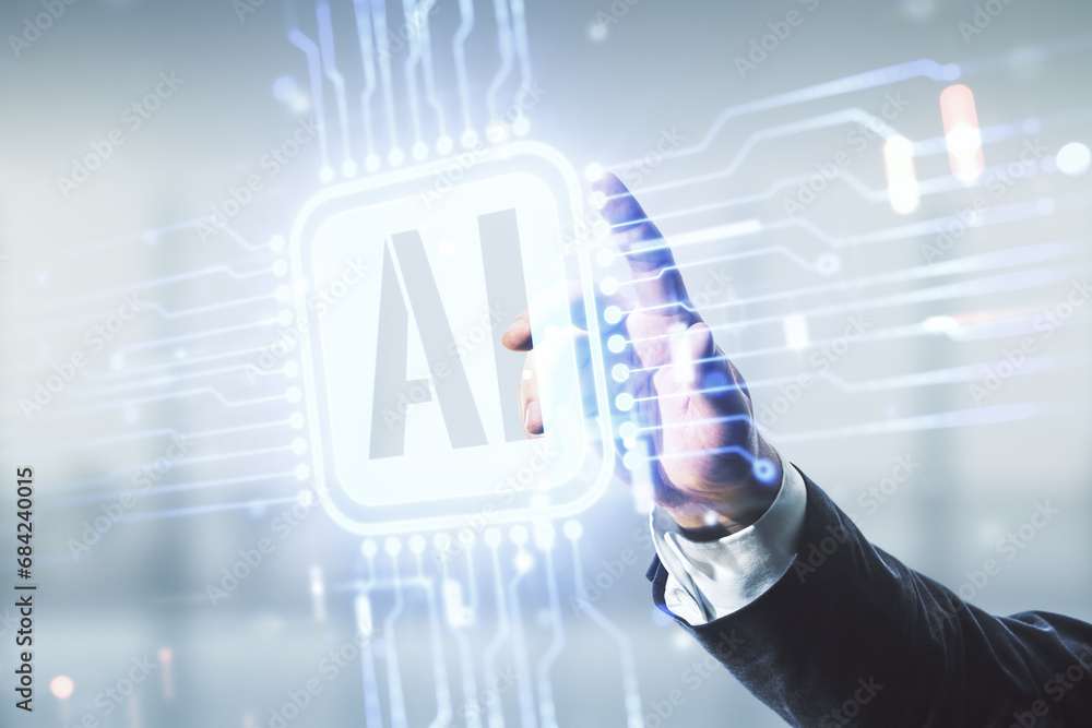 Poster double exposure of man hand presses on creative artificial intelligence icon on blurred office backg