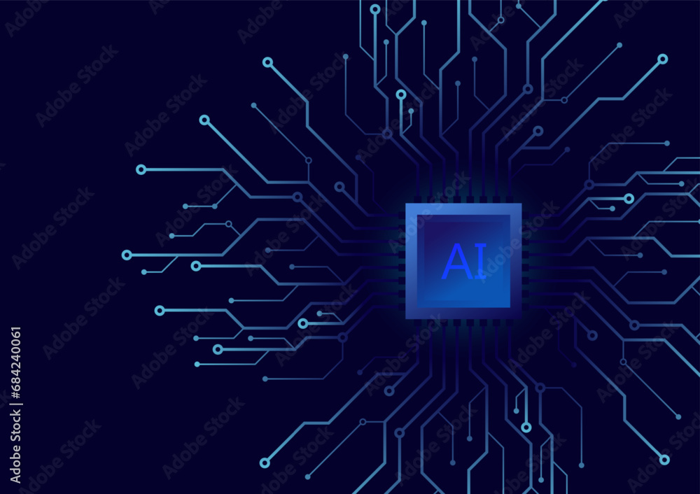Poster AI chip digital technology on a blue background. AI computer processor. Digital technology artificial intelligence concept design. Modern technology design. CPU and circuit board background.