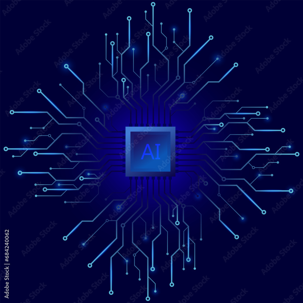 Poster AI chip digital technology on a blue background. AI computer processor. Digital technology artificial intelligence concept design. Modern technology design. CPU and circuit board background.