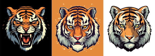 The head of a dangerous tiger on an orange, white and black background - obrazy, fototapety, plakaty