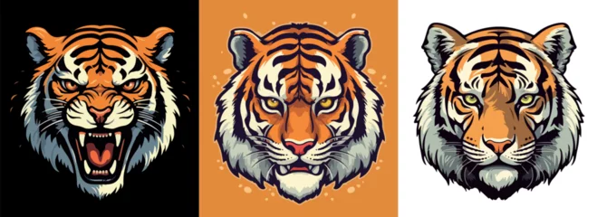 Foto op Canvas The head of a dangerous tiger on an orange, white and black background © Cris