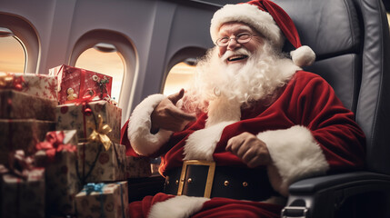 Happy Santa Claus is flying on a plane. Generative AI