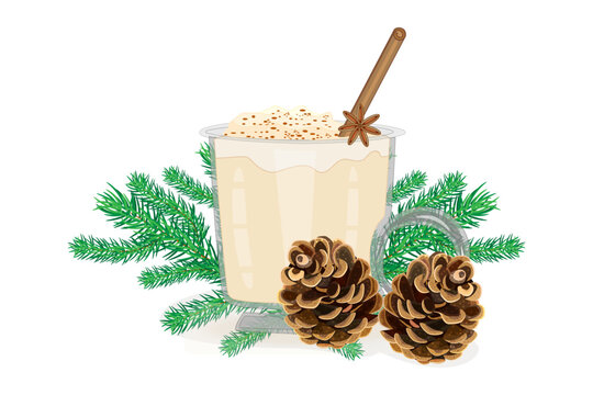 Eggnog, fir cone and twig on white background. Winter drink and christmas decoration.Pine branch and glass of eggnog with cinnamon stick.Cocktail with milk, cinnamon and clove star.Vector illustration