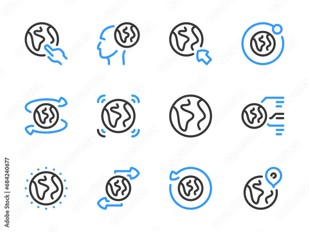 Poster globe and earth vector line icons. planet and global network outline icon set.