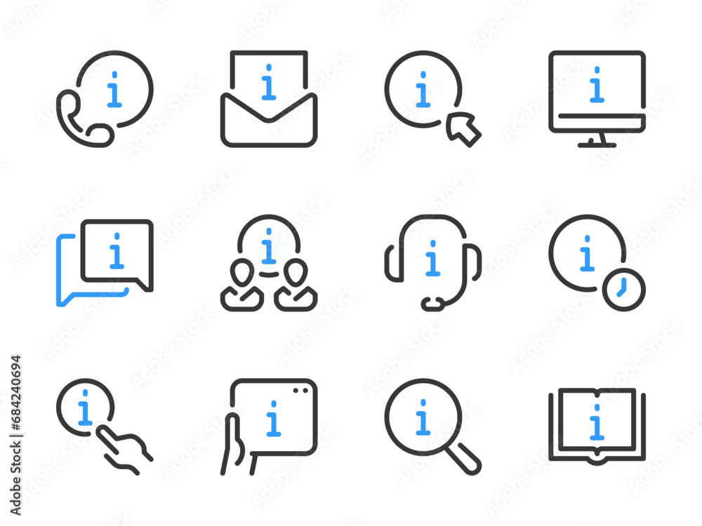 Poster information and help center vector line icons. faq, info, helpdesk, guidance and instruction outline
