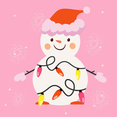 Flat Design Illustration with Snowman  wearing Christmas Lights, Santa Hat, Glovers 