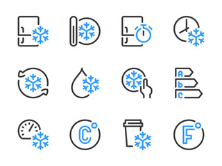 Freezing and Refrigeration vector line icons. Fridge, Freezer and Refrigerator and outline icon set.