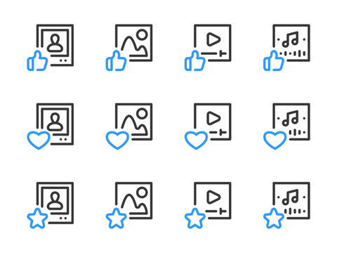 Favorite content and Liked publication vector line icons. Best Photo, Image, Video and Music outline icon set.
