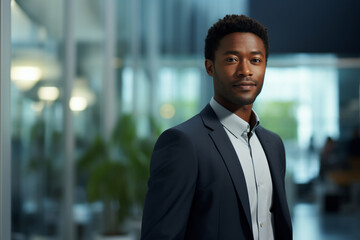 Businessman, young African American entrepreneur in a modern workspace, career growth