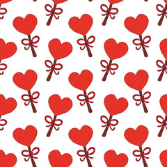 Seamless pattern with red lollipop candies in form hearts and bows. Valentine day background. Vector flat illustration.