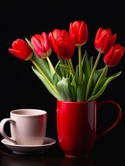Vase with bouquet of red tulips and cup of coffee on black background.