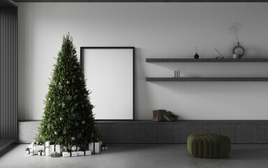 Cozy christmas living room decorated big christmas pine tree, garlands, empty frame on the wall, mockup for art, gifts under the tree. Panoramic window. New year's interior.3d render