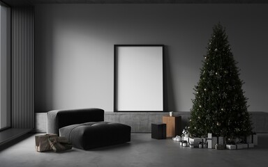 Cozy christmas living room decorated big christmas pine tree, garlands, grey sofa, empty frame on the wall, mockup for art, gifts under the tree. Panoramic window. New year's interior.3d render