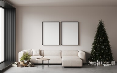 Cozy christmas living room decorated big christmas pine tree, garlands, white sofa, two empty frames on the wall, mockup for art, gifts under the tree. Panoramic window. New year's interior.3d render