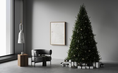 Cozy christmas living room decorated big christmas pine tree, garlands, grey armchair, art on the wall, gifts under the tree, big window. Hanging light. New year's interior. 3d render